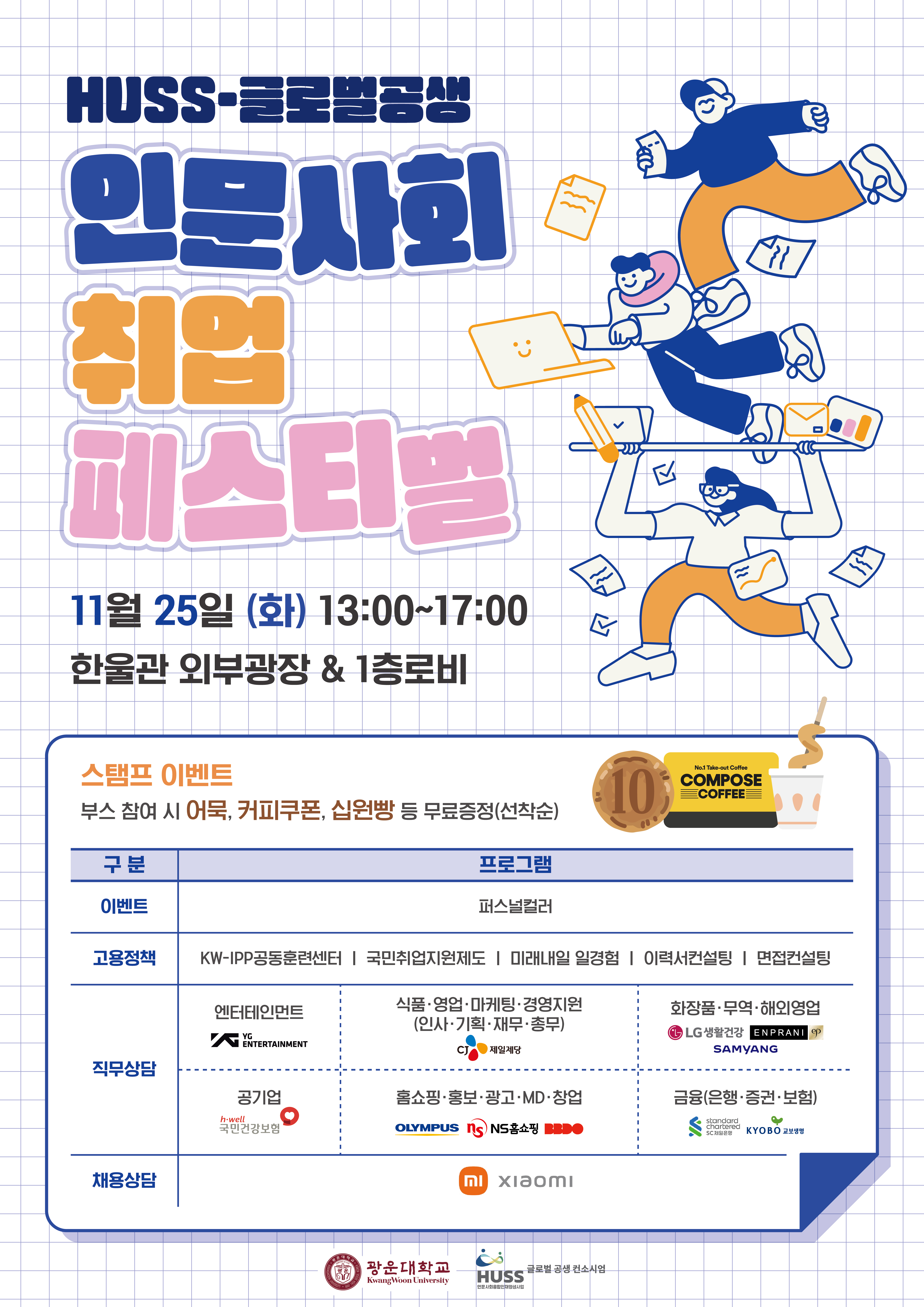 글로벌 공생 HUSS 사업단에서 「HUSS 인문사회 취업 페스티벌」을 개최합니다.
관심 있는 학생들의 많은 참여 부탁드립니다.
1. 행사명: HUSS 인문사회 취업 페스티벌
2. 일정: 2025년 11월 25일(화) 13시~17시
3. 장소: 한울관 외부광장&1층 로비
4. 운영 부스: 직무상담 부스, 고용정책 부스, 채용상담 부스(샤오미코리아), 이벤트 부스 (* 자세한 사항 포스터 참조)
5. 혜택: 부스 참여 시 어묵, 커피쿠폰, 십원빵 등 무료 증정