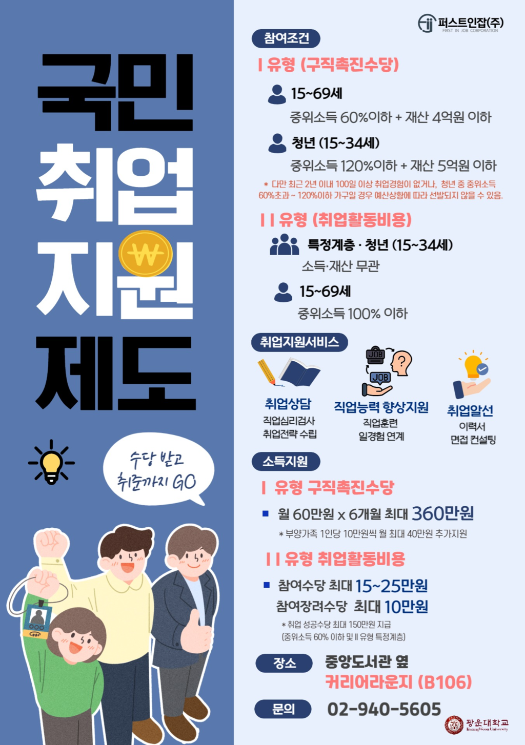 국민취업지원제도 홍보
소득분위별 혜택 및 1유형, 2유형
신청방법 등 안내