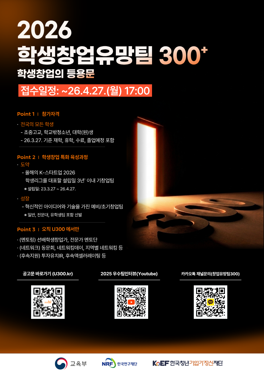 전체적으로 빛 없이 어두운 배경에 중앙에 있는 활짝 열려있는 문이 있고, 그 문에서 빛이 나오고있다. 빛은 바닥을 비추고 있으며, 그로인해 바닥에 있는 300이라는 숫자가 보인다.

상단에 2026 학생창업유망팀 300+ 학생창업의 등용문이라 적혀있고, 
접수일정 ~26.4.27.(월) 17:00 이라고 적혀있다.

포스터 좌측으로 참가자격, 학생창업 특화 육성과정 등을 소개하고 있으며 포스터 하단에는 좌측부터 공고문으로 바로가는 qr코드, 중앙에는 2025녀도 우수팀 인터뷰(유튜브 링크)로 연결되는 qr코드,  가장 우측에는 창업유망팀300에 대해 문의할 수 있는 카카오톡 채널로 연결되는 qr코드가 있다.