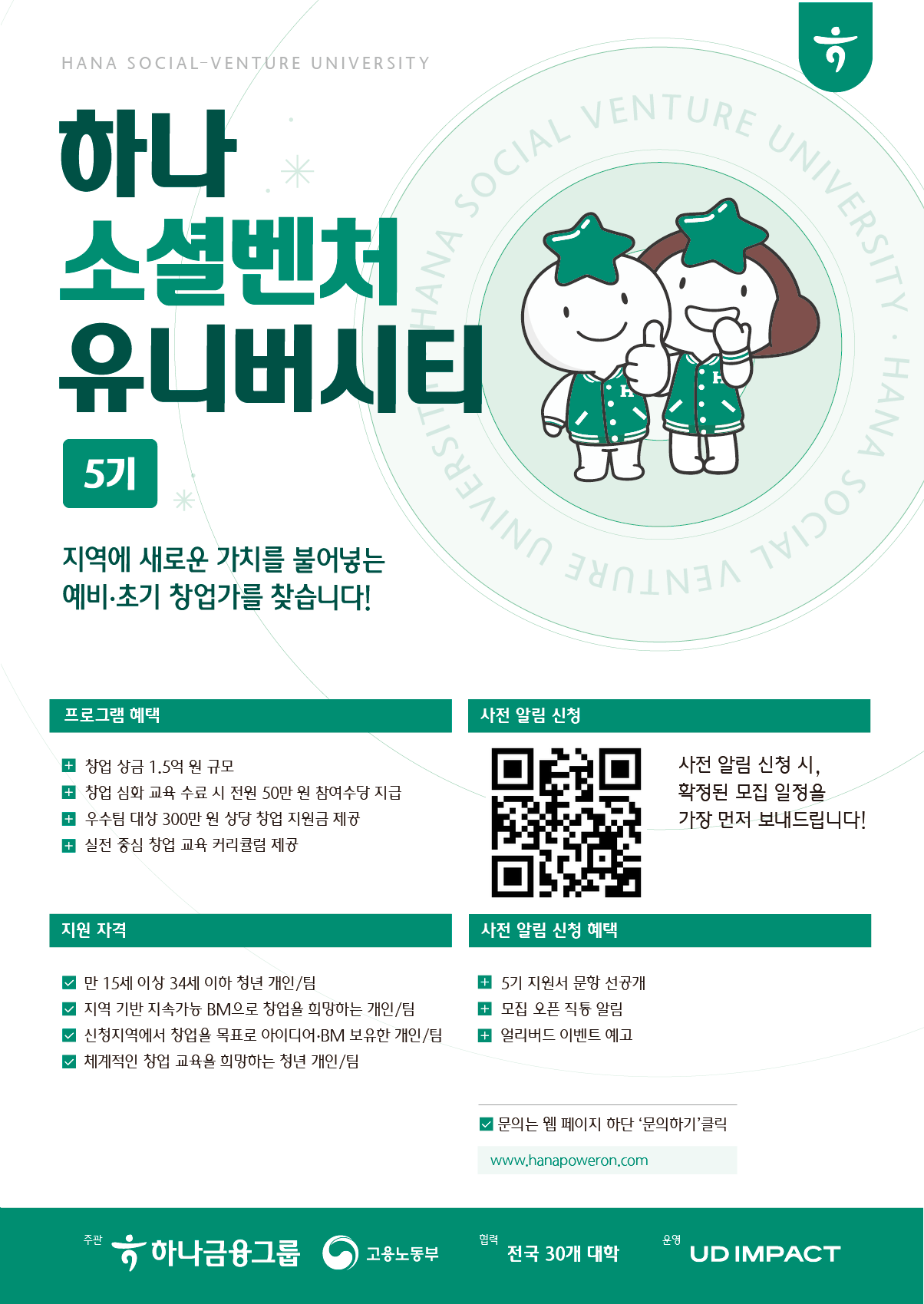 하나 소셜벤처 유니버시티 5기 모집 안내 포스터.
“지역에 새로운 가치를 불어넣는 예비·초기 창업가를 찾습니다!”라는 문구가 크게 강조되어 있다.

프로그램 혜택으로는 창업 상금 총 1.5억 원 규모, 창업 심화 교육 수료 시 최대 50만 원 참여수당 지급, 우수팀 대상 300만 원 상당 창업 지원금 제공, 실전 중심 창업 교육 커리큘럼 제공이 포함된다.

지원 자격은 만 15세 이상 34세 이하 청년 개인 또는 팀이며, 지역 기반 지속가능 비즈니스 모델로 창업을 희망하거나 창업 아이디어 또는 BM을 보유한 경우 지원 가능하다.

포스터 오른쪽에는 사전 알림 신청용 QR코드가 있으며, 신청 시 모집 일정 등을 우선 안내받을 수 있다. 사전 알림 신청 혜택으로는 지원서 문항 선공개, 모집 오픈 즉시 알림, 얼리버드 이벤트 예고가 포함된다.

하단에는 문의는 공식 홈페이지(www.hanapoweron.com)를
 통해 가능하다고 안내되어 있으며, 주관은 하나금융그룹과 고용노동부, 협력은 전국 30개 대학, 운영은 UD IMPACT로 표기되어 있다.

캐릭터 두 명이 초록색 유니폼을 입고 웃고 있는 일러스트가 함께 배치되어 있다